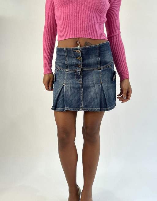 Vintage denim pleated mini skirt in blue