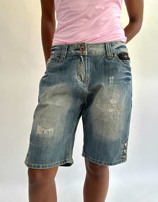 Vintage denim rhinestone shorts in blue, 1 of 4