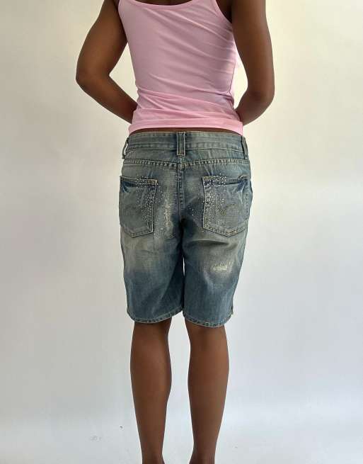 Vintage denim rhinestone shorts in blue, 2 of 4