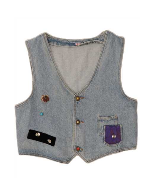 Vintage Denim Waistcoat UK 36 Small In Blue Patchwork