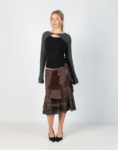 Vintage Derhy M woven midi skirt in brown - view 1