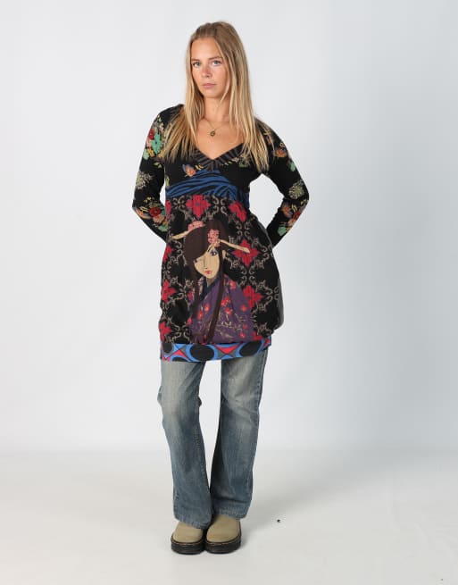 Vintage Desigual S printed woven midi dress in black