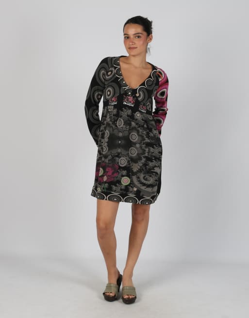 Vintage Desigual S printed woven midi dress in black
