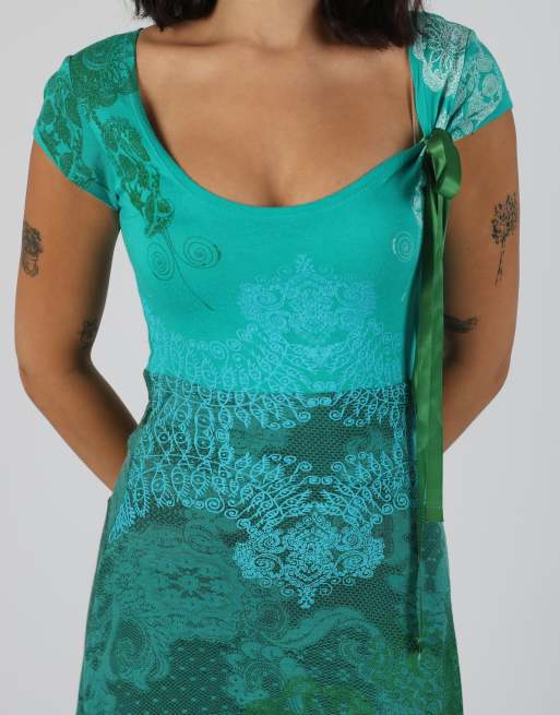 Vintage Desigual S printed woven midi dress in turquoise, 2 of 4
