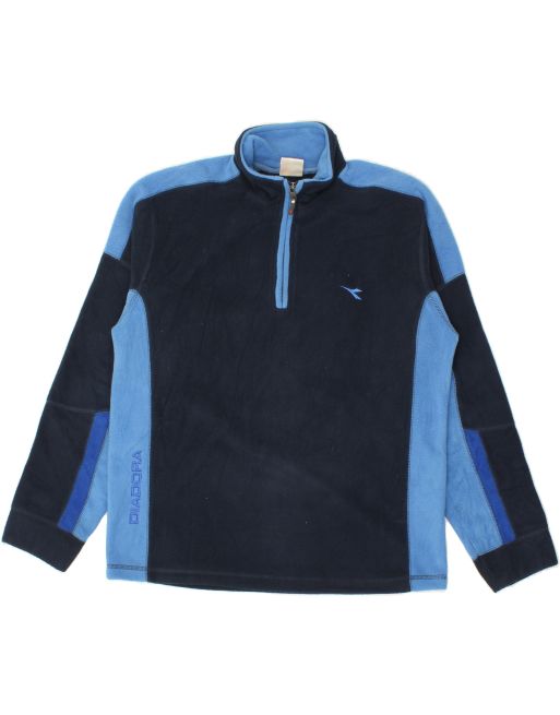 Vintage Diadora Size L Colourblock Graphic Zip Neck Fleece Jumper in Navy Blue