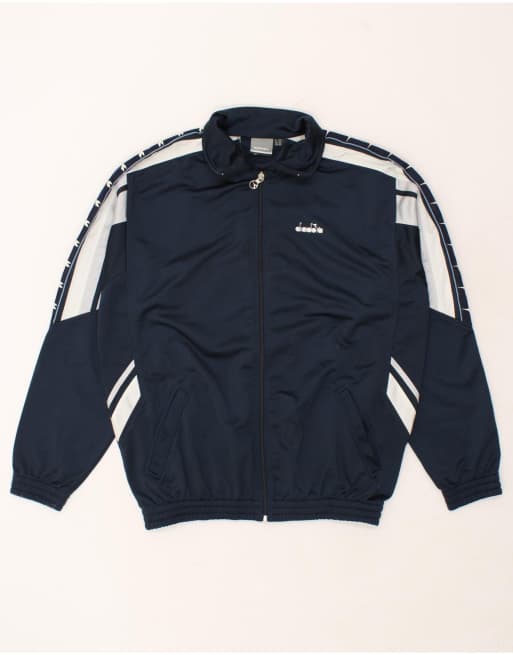 Vintage Diadora Size M Colourblock Tracksuit Top Jacket in Navy Blue