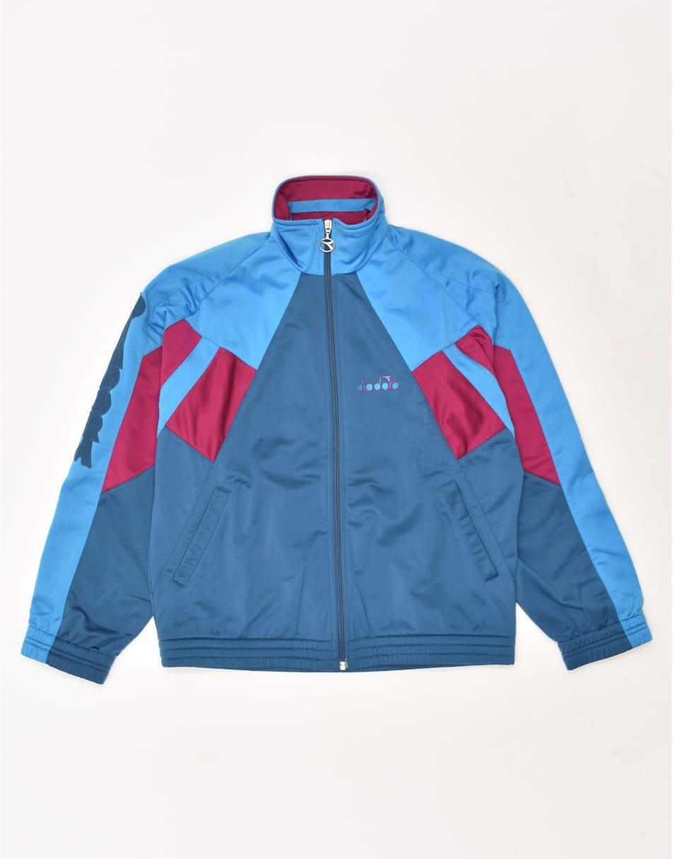 Vintage Diadora Size S Colourblock Graphic Tracksuit Top Jacket in Blue