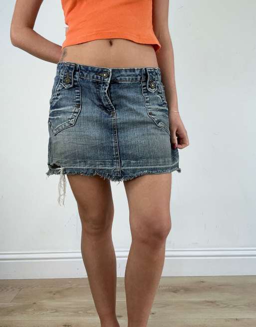 Vintage diesel denim distressed mini skirt in mid blue