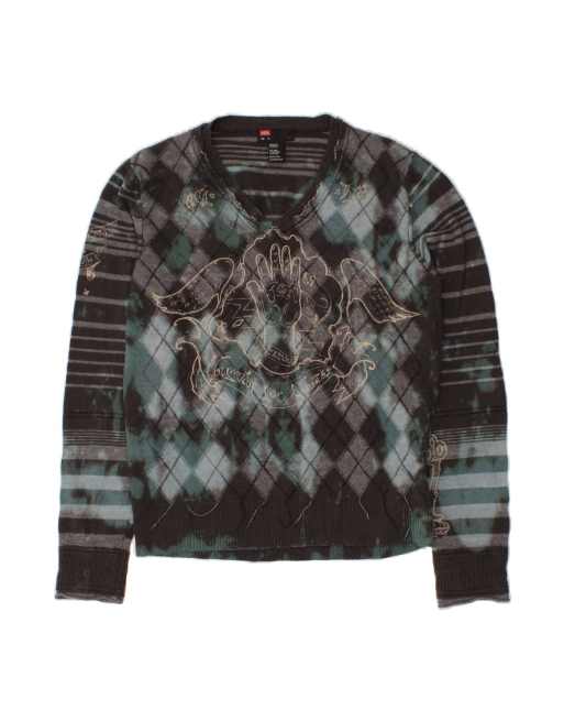 Vintage Diesel Graphic V-neck Jumper Sweater UK 18 XL In Black Argyle/diamond
