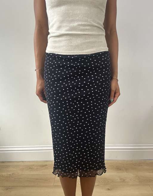 Vintage ditsy floral midi skirt in black