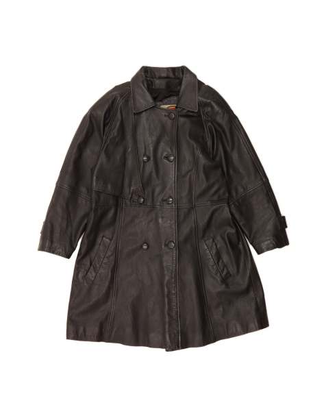 Vintage Double Breasted Leather Coat UK 10 Small In Black - view 1