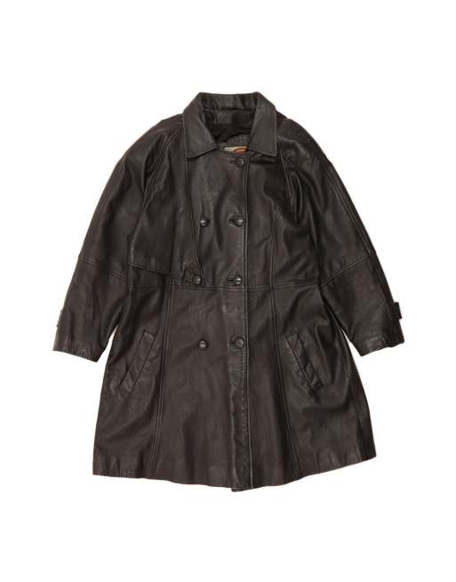 Vintage Double Breasted Leather Coat UK 10 Small In Black