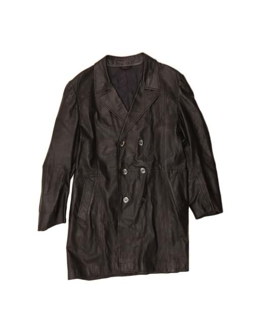 Vintage Double Breasted Leather Coat UK 36 Small In Black