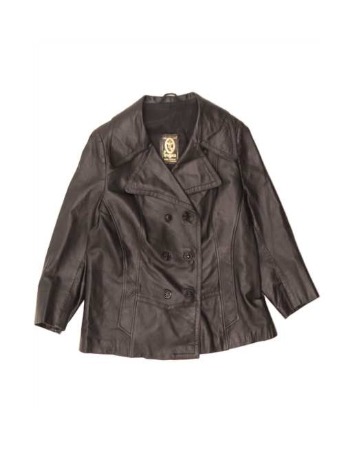 Vintage Double Breasted Leather Jacket UK 14 Large In Black