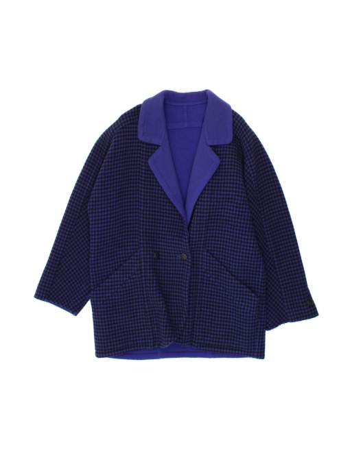Vintage Double Breasted Overcoat UK 20 2XL In Blue Houndstooth