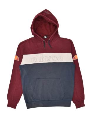 Vintage Ellesse Size L Colourblock Graphic Hoodie Jumper in Maroon