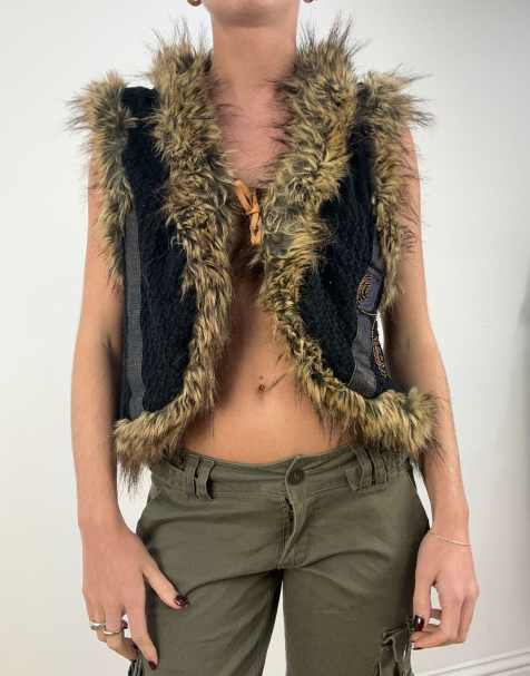 Vintage embroidered gilet with faux fur trim in black - view 1