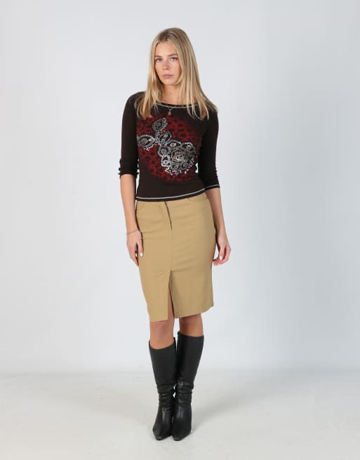 Vintage Esisto S woven midi skirt in tan