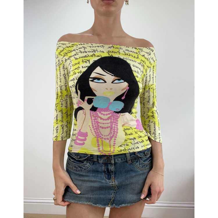 トップス 60s single face foodie Vintage face graphic off the shoulder top in yellow | ASOS
