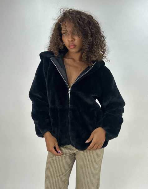 Vintage faux fur hooded jacket in black - view 1