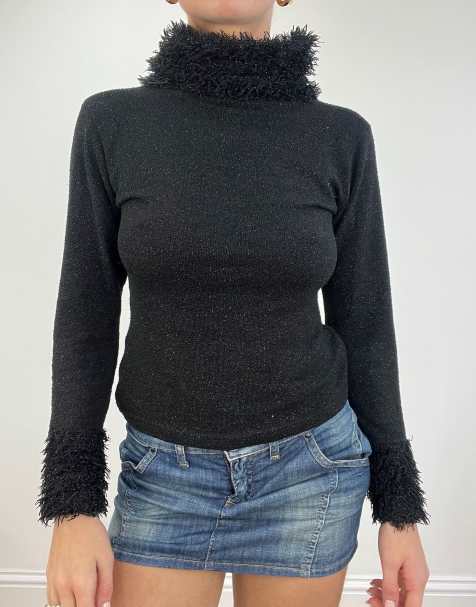 Vintage faux fur neck jumper in black - view 1
