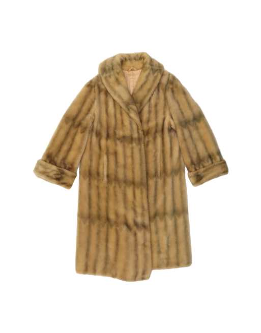 Vintage Faux Fur Overcoat UK 8 Small In Beige Striped