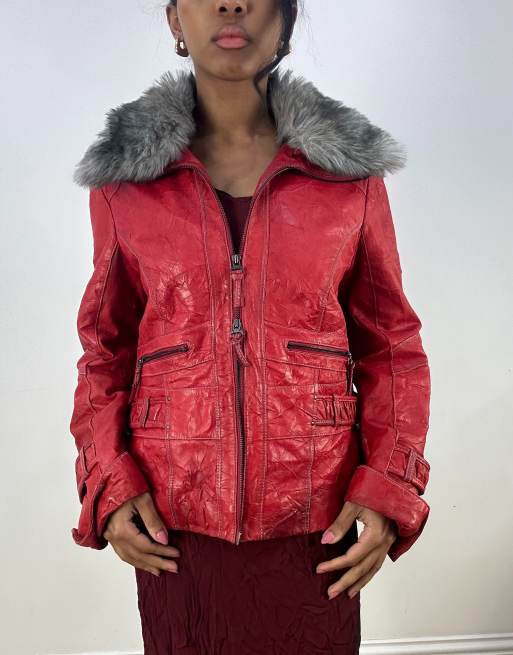 Vintage faux leather dual zip coat in red