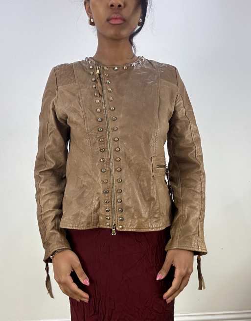 Vintage faux leather jacket with studded detail in brown