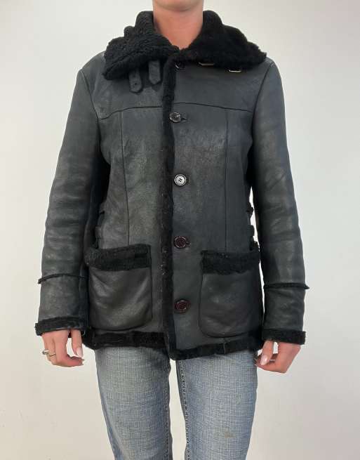 Vintage faux leather shearling jacket in black