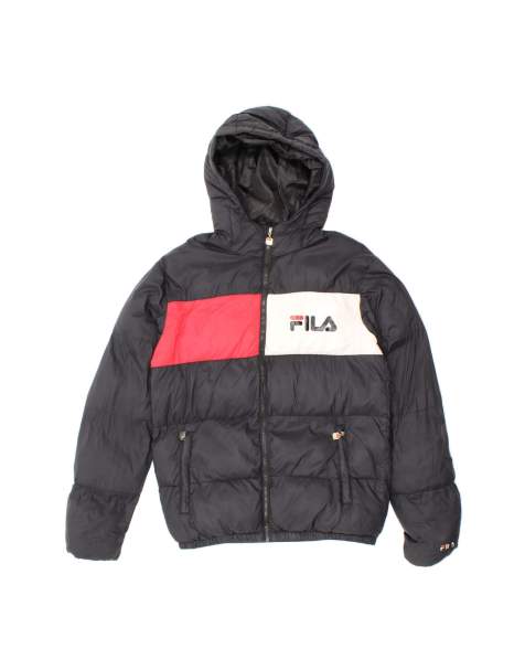 Vintage Fila Graphic Hooded Padded Jacket UK 36 Small In Black Colourblock - view 1
