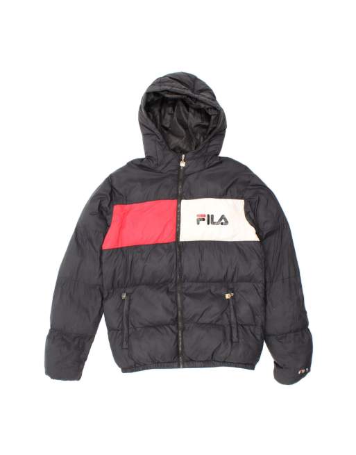 Vintage Fila Graphic Hooded Padded Jacket UK 36 Small In Black Colourblock