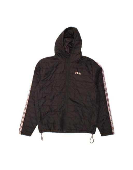 Vintage Fila Graphic Hooded Padded Jacket UK 38 Medium In Black Colourblock
