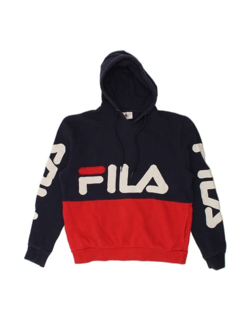 Vintage Fila Graphic Hoodie Jumper UK 10 Small In Blue Colourblock