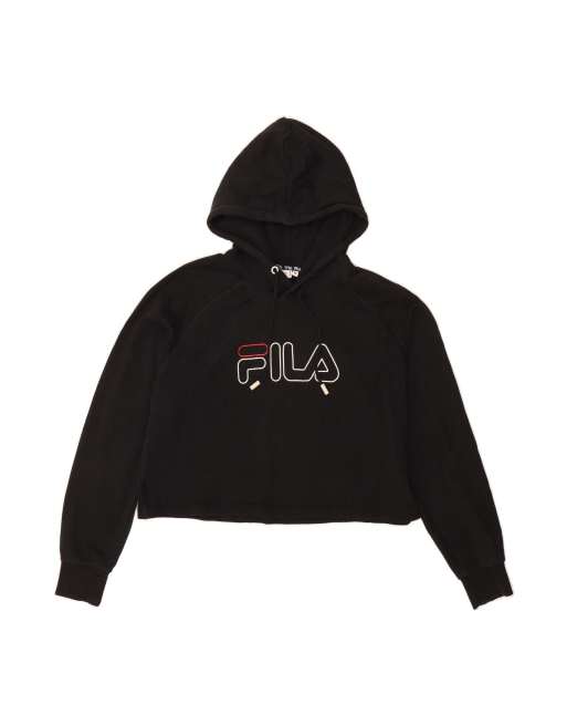 Vintage Fila Oversized Graphic Crop Hoodie Jumper UK 14 Medium In Black
