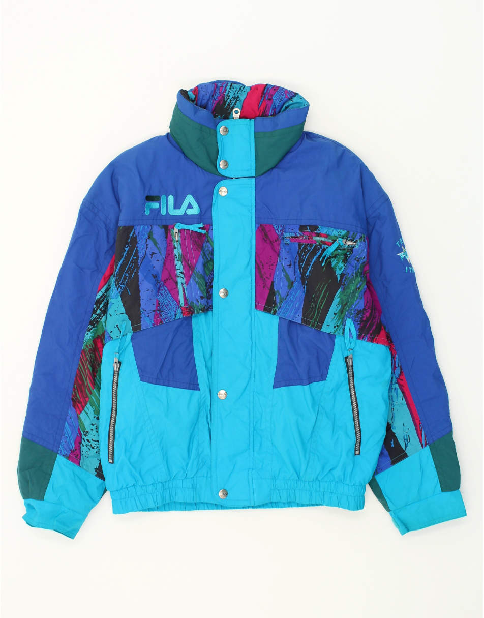 Vintage Fila Size L Colourblock Hooded Windbreaker Jacket in Blue