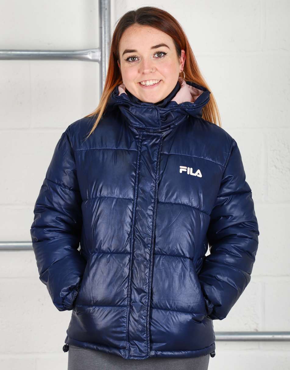 Vintage Fila Size S padded spell out puffer jacket in navy
