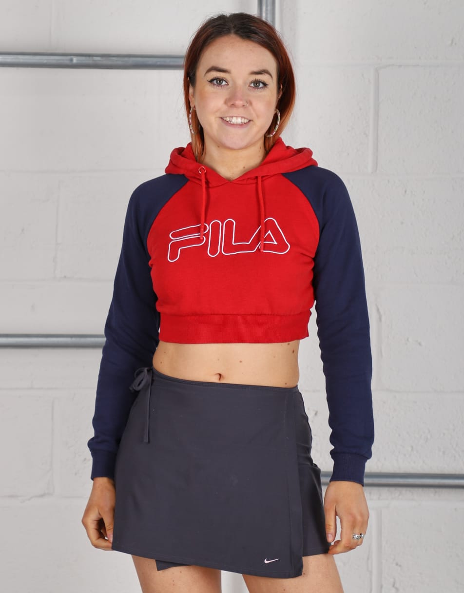 Vintage Fila Size XS spell out pullover cropped hoodie in red