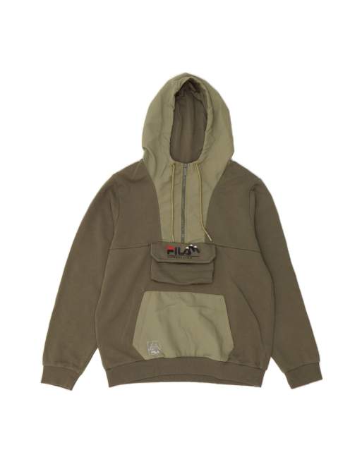 Vintage Fila Zip Neck Hoodie Jumper Medium In Khaki Colourblock