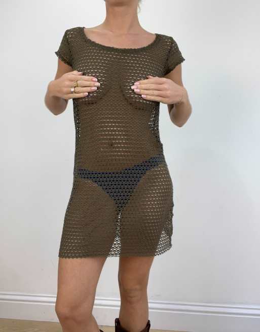Vintage fishnet t shirt dress in khaki
