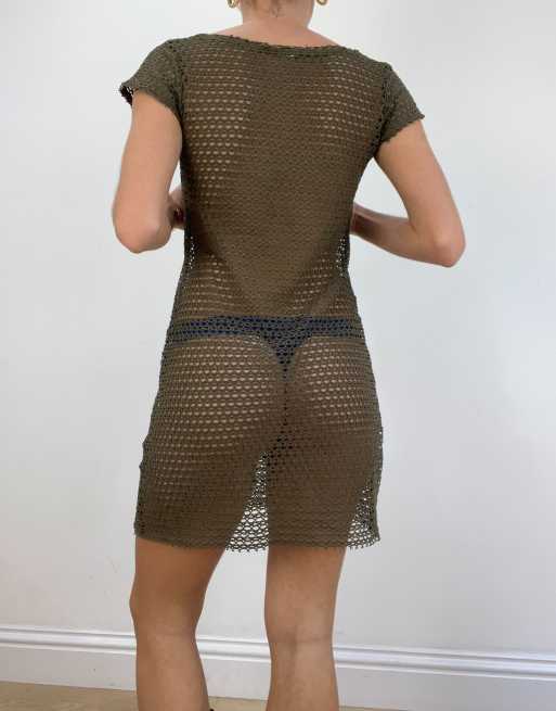Vintage fishnet t shirt dress in khaki, 2 of 4