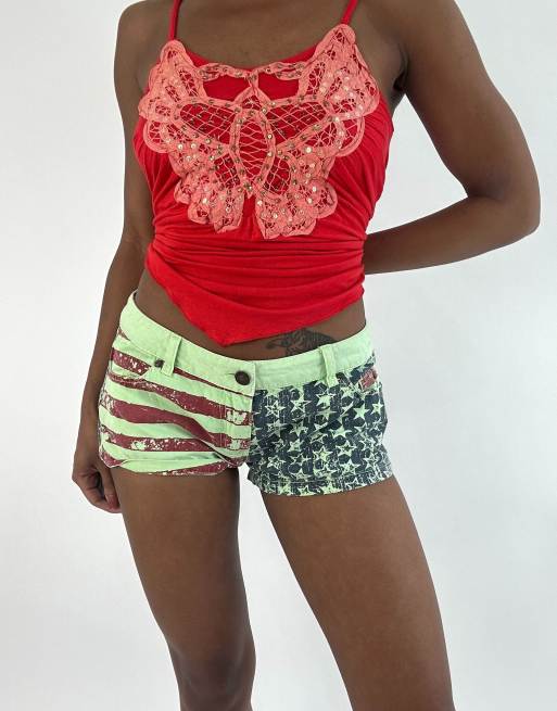 Vintage flag  denim mini shorts in green