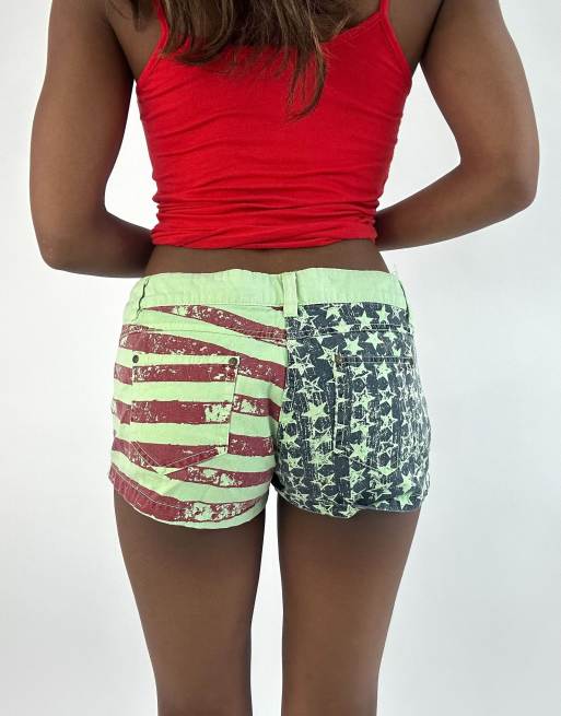 Vintage flag  denim mini shorts in green, 2 of 4