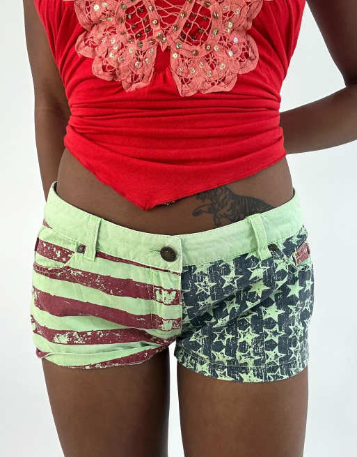 Vintage flag  denim mini shorts in green, 3 of 4
