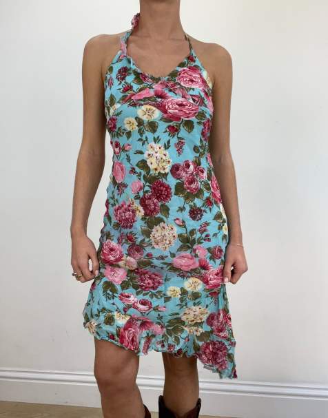 Vintage flora midi halterneck dress in blue - view 1