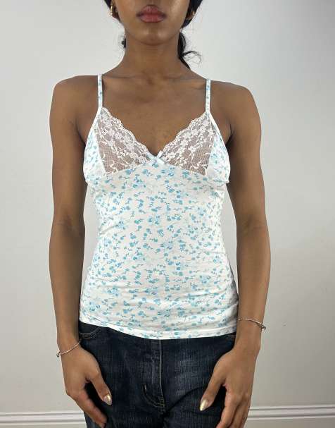 Vintage floral cami top with lace trim - view 1