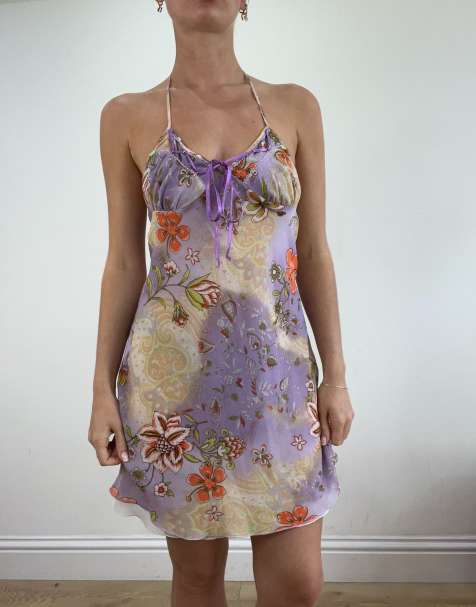 Vintage floral halterneck dress in purple - view 1