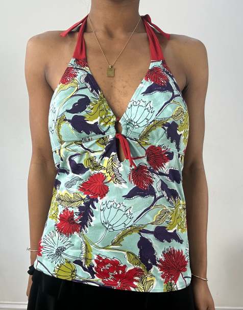 Vintage floral halterneck top in blue - view 1