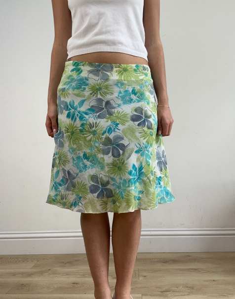 Vintage floral mesh midi skirt in green - view 1