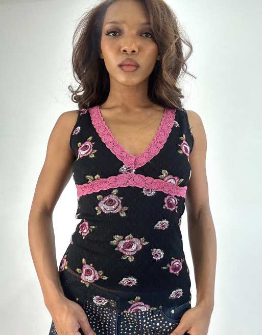 Vintage floral mesh overlay cami in black