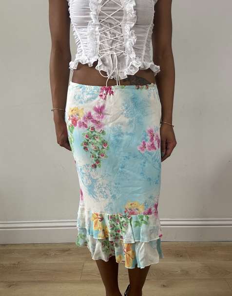 Vintage floral midi length with ruffle detail in blue - view 1